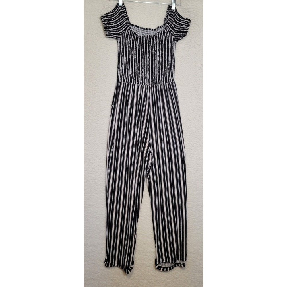 Justify Womens Jumpsuit Size L Black White Stripes Wide Leg Stretch 1690